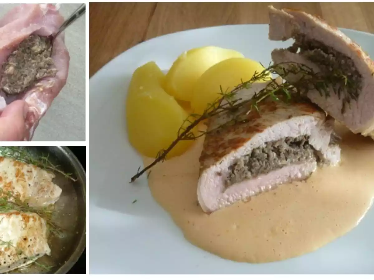 Schweinerückensteaks mit Duxelles-Füllung und Sauce Choron