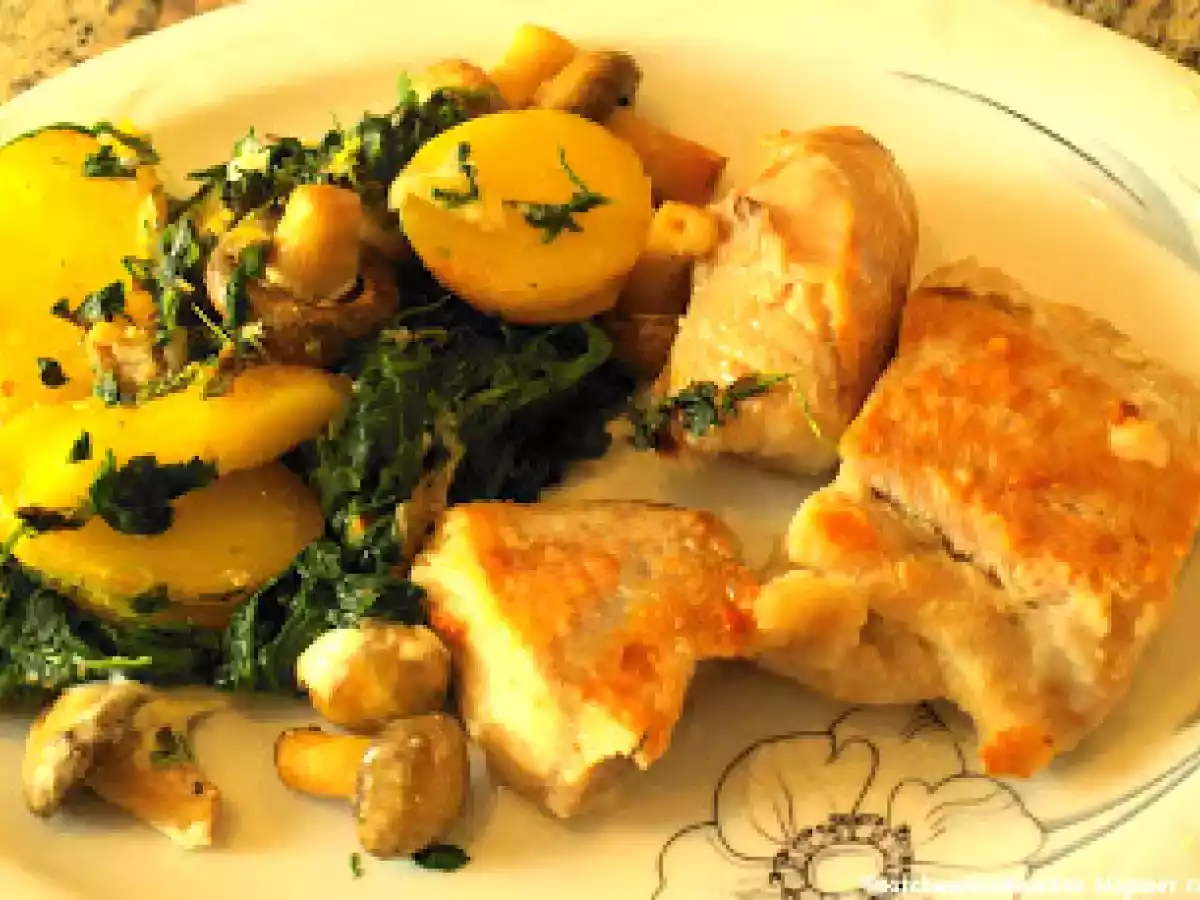 Wels mit Champignons und Blattspinat