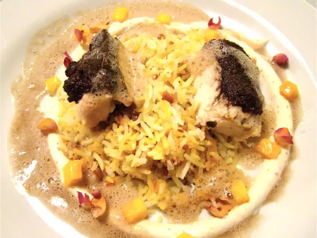 Wildhuhnbrust, Purplecurry, Cashewreis, Raita